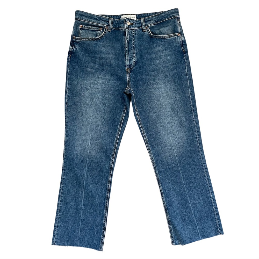 Zara | Medium Wash The Dreed Raw Hem Flare Denim Jeans 12